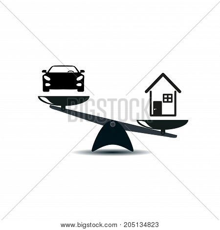 Car and house on a scales icon, vector. Scales with cars and house in style. the advantage is given house. vector illustration