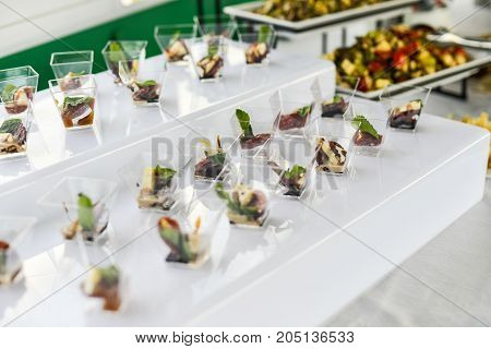 buffet table, Canape, sandwiches, snacks, holiday table, sliced, glasses celebration new year christmas fourchette catering table setting