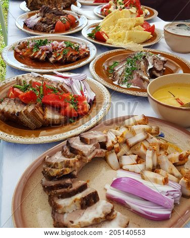 Traditional Romanian pork dish on a outdoor buffet