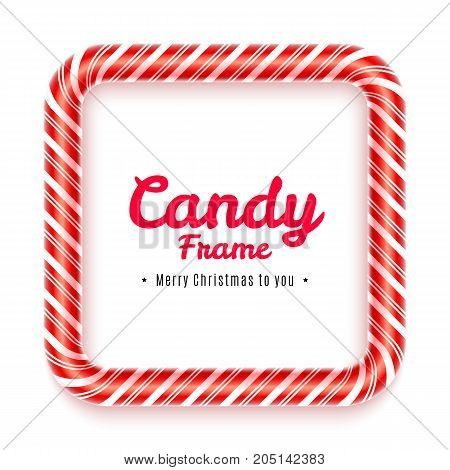 Realistic square Candy frame isolated on white background. Christmas caramel frame with red striped texture. Sweet decoration for Christmas card. Blank lollypop frame design. Vector illustration