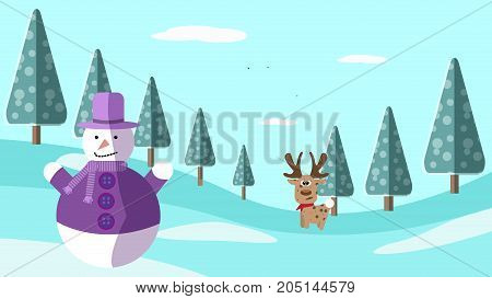 hand drawing winter scene with deer and snowman