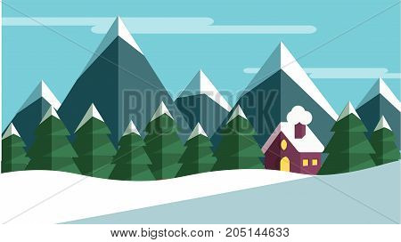 A winter scene with trees and mountains and a cabine