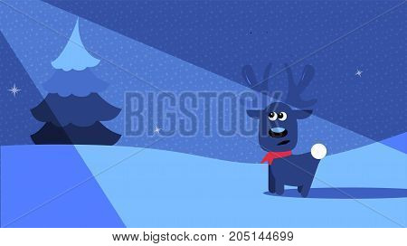 Night winter scene with a deer in the moonlight