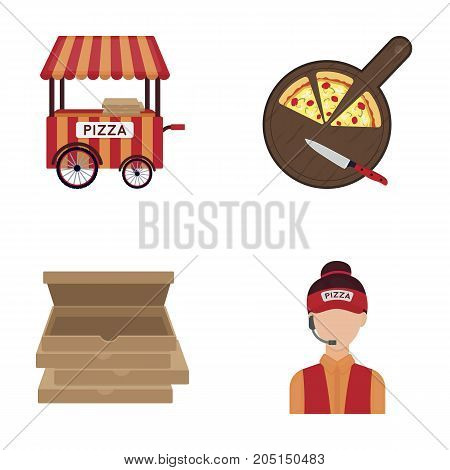 Mobile trailer, cutting board for pizza, boxes, salesman. Pizza and pizzeria set collection icons in cartoon style vector symbol stock illustration web.