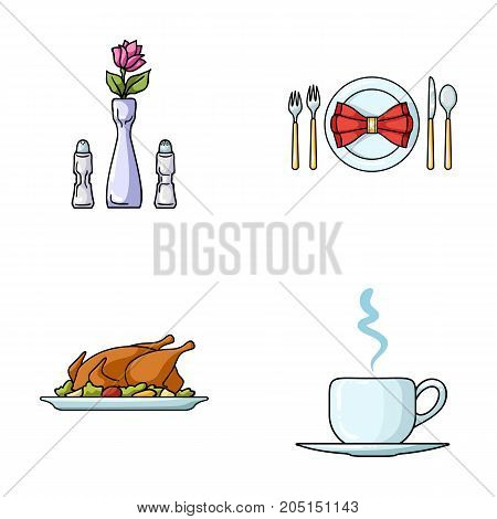 Vase with a flower, table setting, fried chicken with garnish, a cup of coffee.Restaurant set collection icons in cartoon style vector symbol stock illustration .