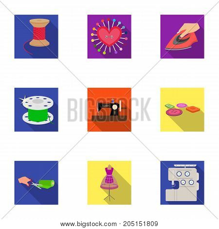 coil with thread, sewing machine, fabric and other equipment. Sewing and equipment set collection icons in flat style vector symbol stock illustration .