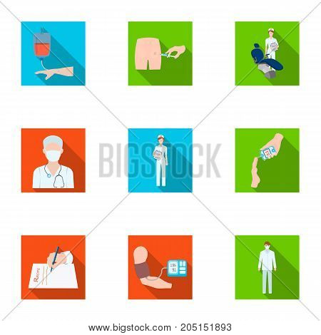 Injured in a stroller, blood transfusion, blood sugar test, doctor, medical staff. Medicine set collection icons in flat style vector symbol stock illustration .