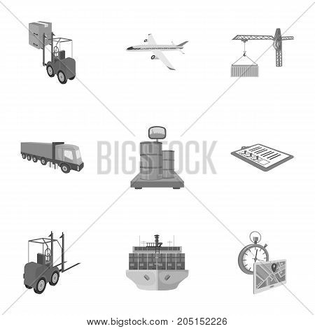 Forklift, cargo plane, goods, documents and other items in the delivery and transportation. Logistics and delivery set collection icons in monochrome style isometric vector symbol stock illustration .