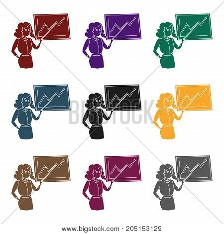 Businesswoman and growing graphic icon in black design isolated on white background. Conference and negetiations symbol stock vector illustration.