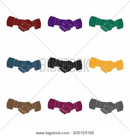 Handshake icon in black design isolated on white background. Conference and negetiations symbol stock vector illustration.