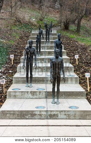 PRAGUE CZECH REPUBLIC - FEBRUARY 02 2014: The Memorial to the victims of Communism. Sculptor Olbram Zoubek architects Jan Kerel and Zdenek Holzel.