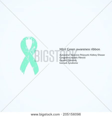 Mint Green Awareness ribbon. Painted. Autosomal Recessive Polycystic Kidney Disease, Congenital hepatic Fibrosis, Genetic Disorders, Ivemark Syndrome. Isolated. List of meanings, symbol, name of color
