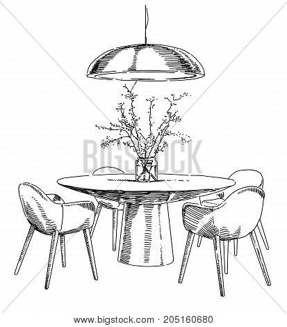 Contemporary modern interior hand drawing vector illustration.