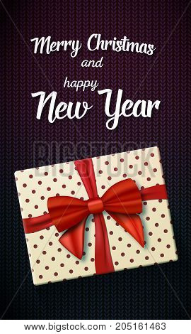Illustration of Vector Marry Christmass Greeting Card. Realistic Gift Box with Red Ribbon on Kneeted Pattern Background