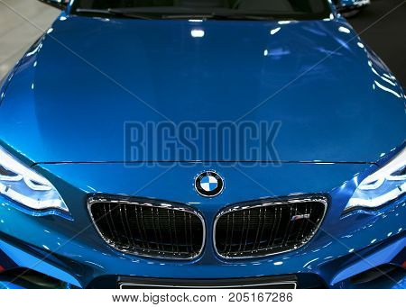 Sankt-Petersburg Russia July 21 2017: Front view of a BMW M2 sports car. M Performance Edition. Car exterior details. Photo Taken at Royal Auto Show July 21