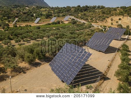 Aerial view of solar pannels in countryside
