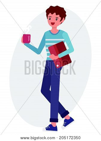 Cartoon Character Design Male Man Hold Coffee Cup Document File