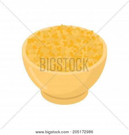 Bulgur In Wooden Bowl Isolated. Groats In Wood Dish. Grain On White Background. Vector Illustration
