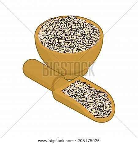 Parboiled Rice In Wooden Bowl And Spoon. Groats In Wood Dish And Shovel. Grain On White Background.