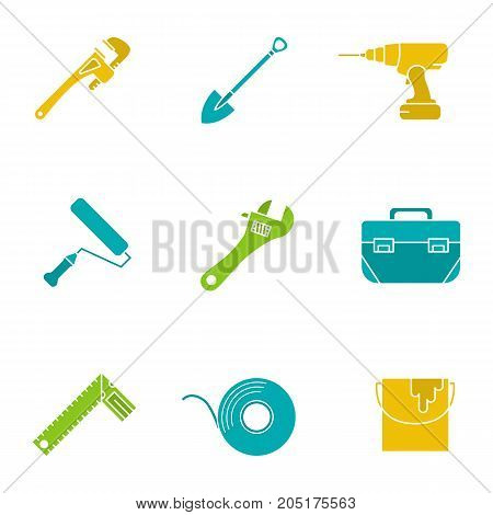 Construction tools glyph color icon set. Monkey wrench, cordless drill, paint roller and bucket, tool box, set square. Silhouette symbols on white backgrounds. Negative space. Vector illustrations