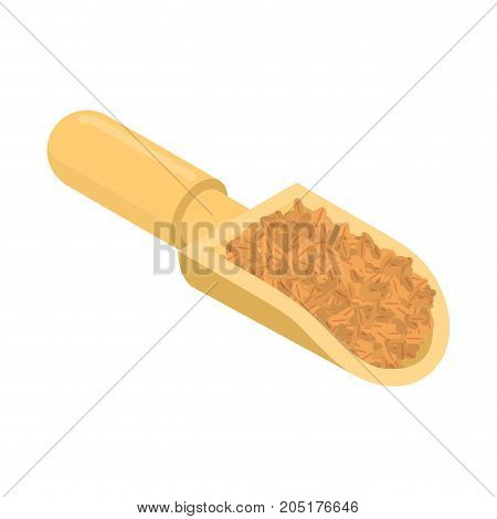Wheat In Wooden Scoop Isolated. Groats In Wood Shovel. Grain On White Background. Vector Illustratio