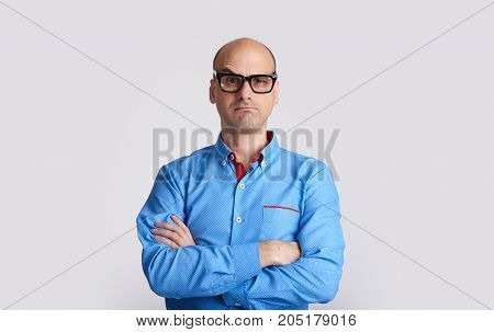 Confused Bald Man Wearing Glasses Isolated