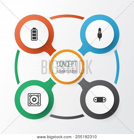 Computer Icons Set. Collection Of Radio Set, Aux Cord, Accumulator Sign And Other Elements