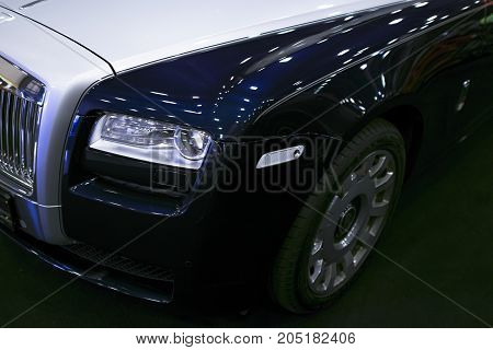Sankt-Petersburg Russia July 21 2017: Front view of a Luxury car Rolls-Royce Phantom. Rolls-Royce Motor Cars Limited global manufacturer of luxury cars. Photo Taken on Royal Auto Show July 21