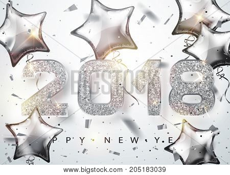 2018 Happy new year. Silver Numbers Design with star shaped balloons of greeting card. Silver Shining Pattern. Happy New Year Banner with 2018 Numbers on Bright Background. Vector illustrator 10 eps.