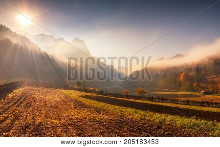 Sun Rays Through The Morning Fog In Mountainous Landscape In Aut