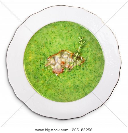 Cream soup with sarin and bacon isolated on white background Top view