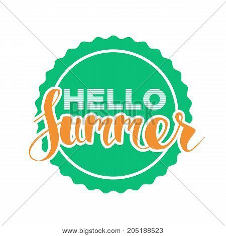 Hello Summer On Color Circle. Isolated Typographic Design Label. Season Holidays Lettering For Logot