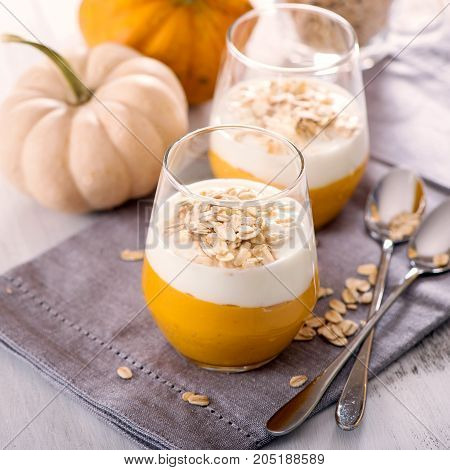 Overnight oats with pumpkin smoothie healthy cereal breakfast vegetarian food and dieting concept square image