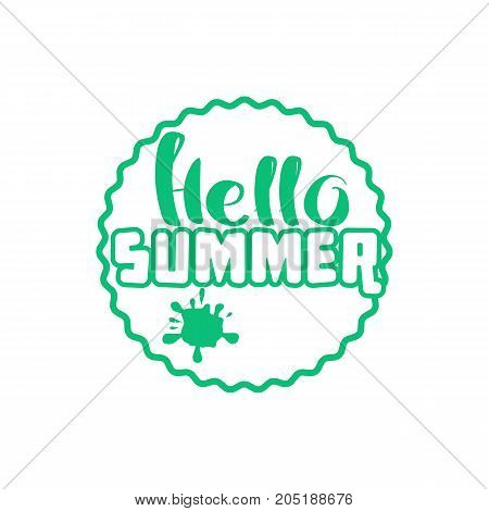 Hello Summer On Color Circle. Isolated Typographic Design Label. Season Holidays Lettering For Logot