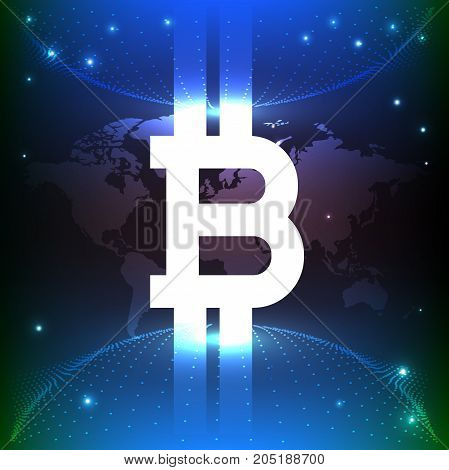 bitcoin digital currency. Blue background is the personification of the whole world. Ideal design screensaver on YouTube. vector illustration