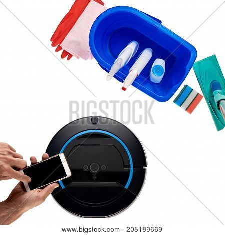 Set of classic cleaning equipment and modern with remote control of robotic vacuum cleaner
