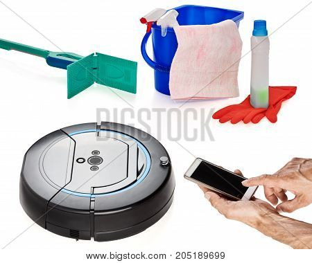 Set of tools for cleaning and hand holding remote control of robovac