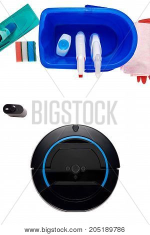 Set of house cleaning products isolated on white background and new technologies