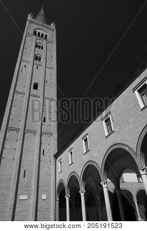 Forli (Emilia Romagna Italy): the church of San Mercuriale in Aurelio Saffi square. Black and white