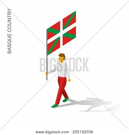 Isometric man with flag of Basque country (region in Spain). 3D standard bearer isolated on white background. Basque country patriot. Simple vector illustration for infographic.