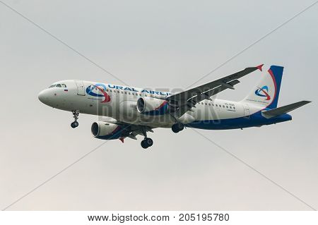 BANGKOK THAILAND - SEP222017 : airbus a320 of ural airlines plane approaching for landing to suvarnbhumi airport