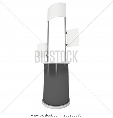Stall or Kiosk Modern Promostand Reception Desk. Trade show booth white and blank. 3d render illustration isolated on white background. Template mockup for your expo design.