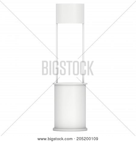 Stall or Kiosk Modern Promostand Reception Desk. Trade show booth white and blank. 3d render illustration isolated on white background. Template mockup for your expo design.