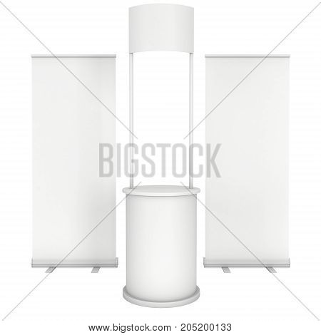 Stall or Kiosk Modern Promostand Reception Desk with roll up. Trade show booth white and blank. 3d render illustration isolated on white background. Template mockup for your expo design.