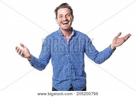 A Portrait of european man isolated over white background. Caucasian male model in studio shoot.