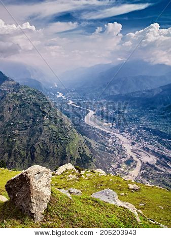 Aerial view of Kullu valley. Naggar Himachal Pradesh. North India.