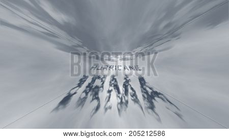 Hurricane Irma. Graphic visualization of a hurricane moving in the distance with an inscription of gray cloud letters on a grey sky. 3d render