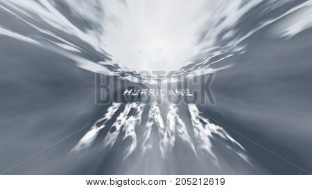 Hurricane Irma. Graphic visualization of a hurricane moving in the distance with an inscription of white cloud letters on a dark gray sky. 3d render
