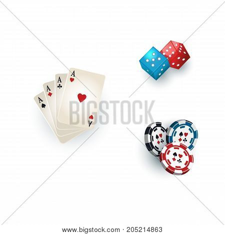 Set of casino, gambling devices - playing cards, chips, tokens and dices, vector illustration isolated on white background. Poker playing cards, gambling dices and casino chips, tokens