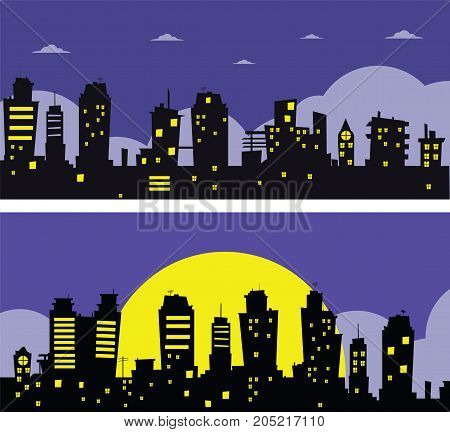 Night city vector illustration. Dark urban cityscape in flat style. Two banners. Vector